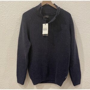 Barbour Rossfell Navy Half Button Wool Fisherman Jumper Sweater Elbow Patch M